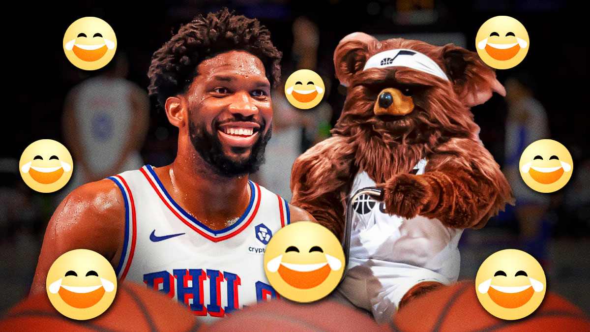76ers&#8217; Joel Embiid catches a motorcycle ride with Jazz Bear midgame