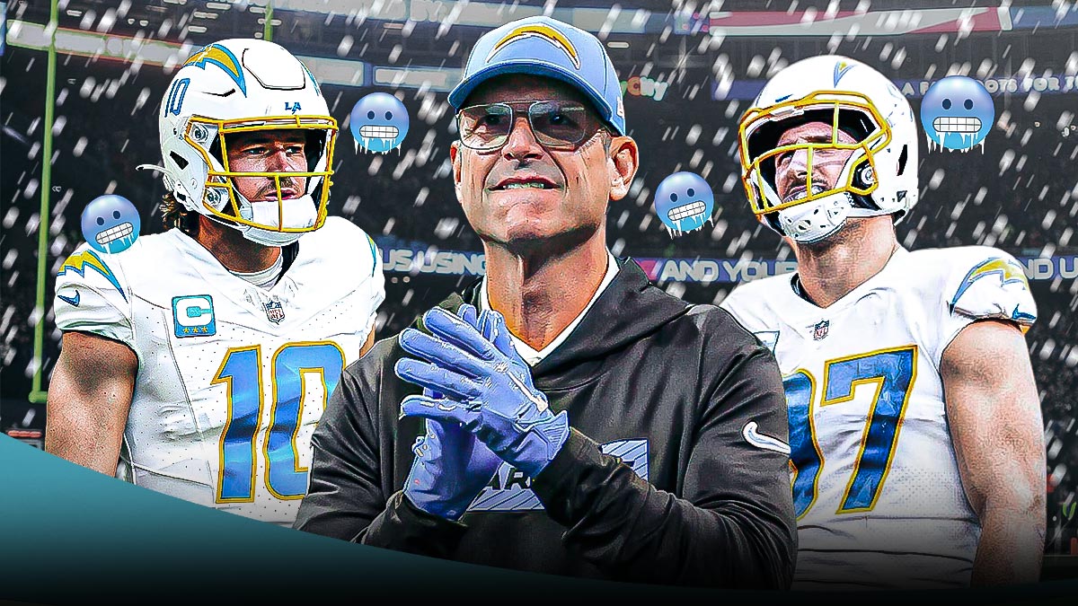 Chargers&#8217; Jim Harbaugh hilariously flexes medical before cold Patriots clash