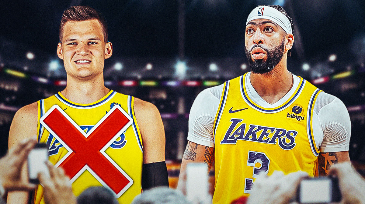 Walker Kessler in a Los Angeles Lakers jersey with a big, red X going through him. There's also a photo of Lakers forward Anthony Davis next to him