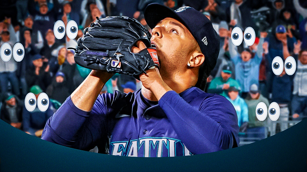 Luis Castillo on one side, a bunch of Seattle Mariners fans on the other side with the big eyes emoji over their faces