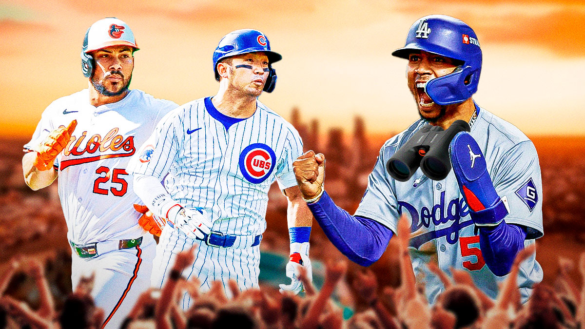 Mookie Betts with binoculars looking at Seiya Suzuki and Anthony Santander