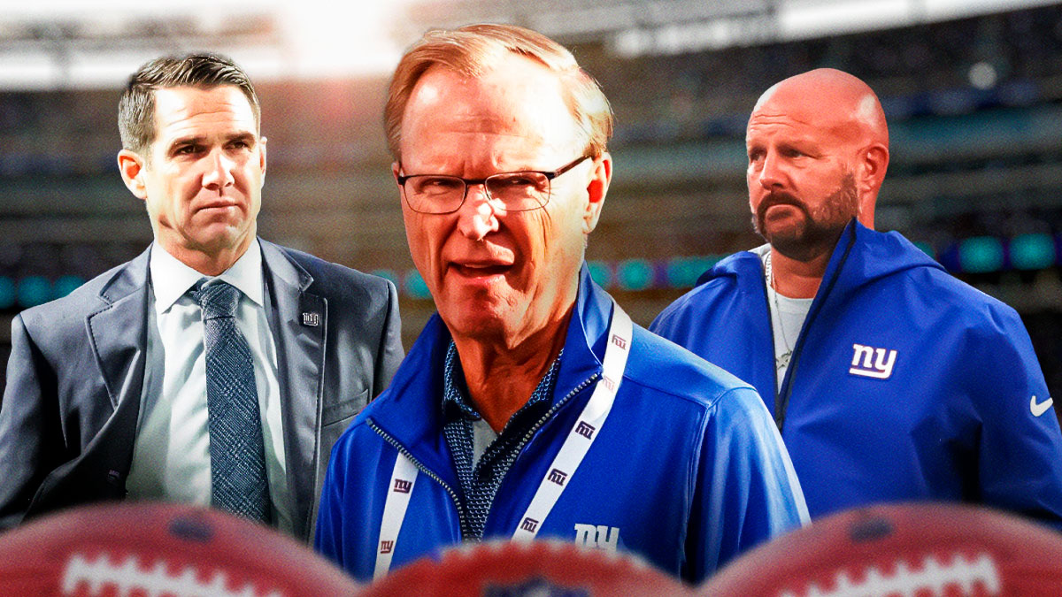 New York Giants general manager Joe Schoen, Giants owner John Mara, and Giants head coach Brian Daboll