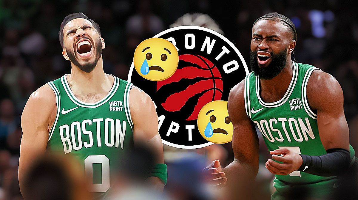 The Toronto Raptors logo with a crying emoji in the middle of it, and Jayson Tatum and Jaylen Brown celebrating in Celtics jerseys.